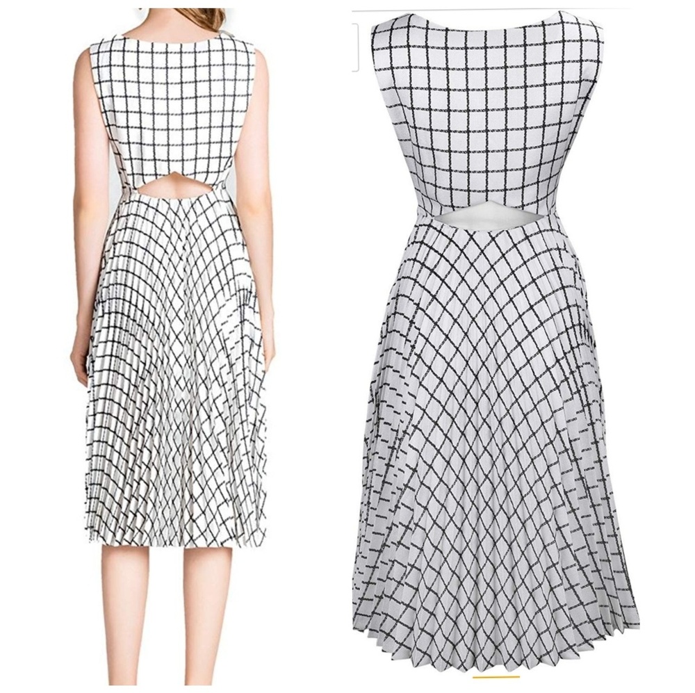 Checkered Plaid Pleated Swing Midi Dress White - Picture 3 of 4